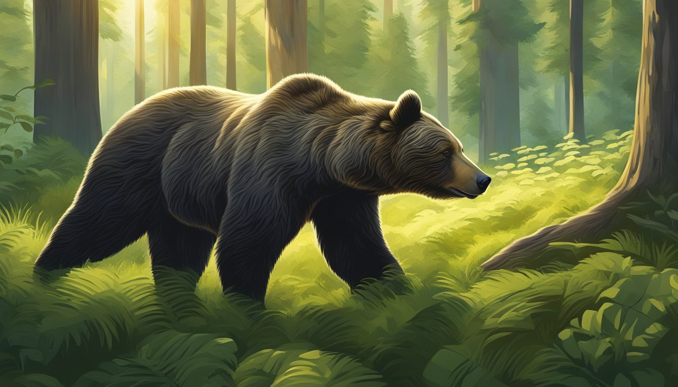 A bear stands in a lush, green forest clearing, its fur detailed and realistic. Sunlight filters through the trees, casting dappled shadows on the ground