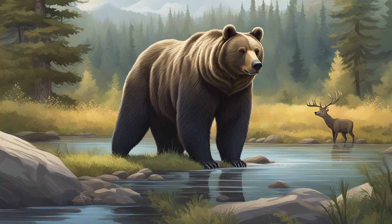 A bear in a natural setting, surrounded by other wildlife, such as deer, birds, and trees in the background