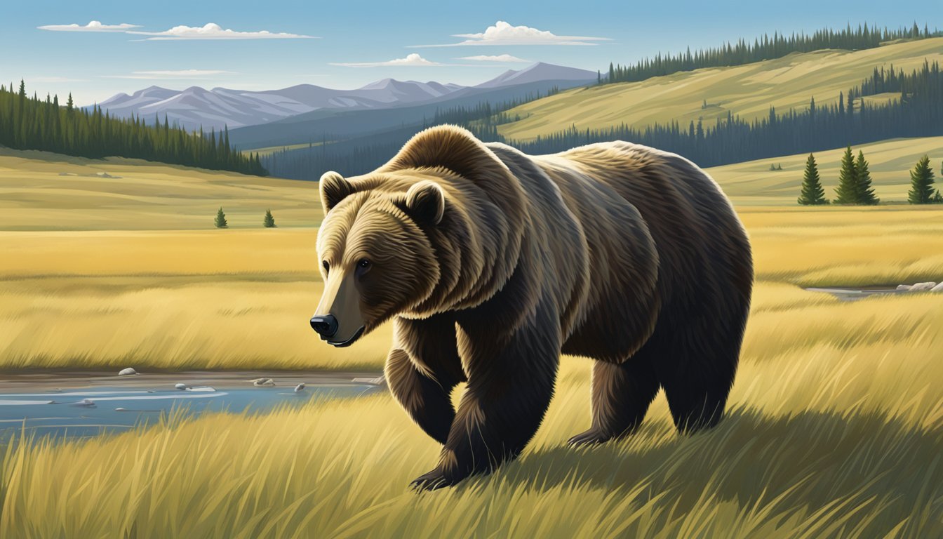 A grizzly bear roams the open grassland of a Yellowstone ranch, surrounded by rolling hills and dense forests. The atmosphere is serene, with a clear blue sky overhead