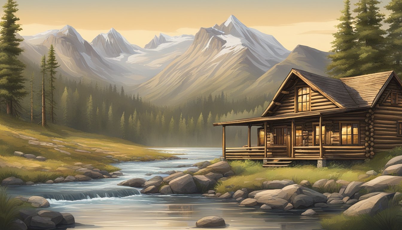 A rugged landscape with mountains, rivers, and a rustic log cabin nestled in the wilderness