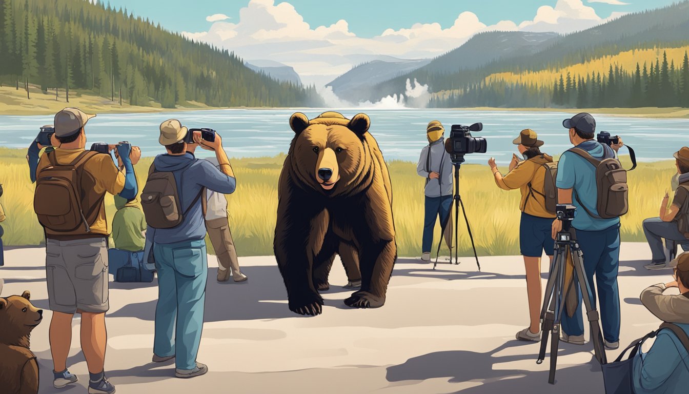 A bear stands in front of a group of tourists with cameras, surrounded by the iconic landscape of Yellowstone National Park