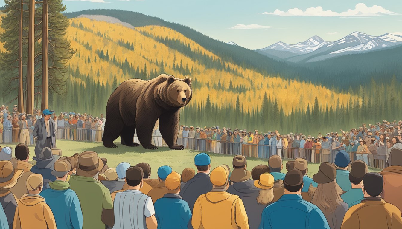 A large bear stands in front of a crowd of onlookers at Yellowstone National Park, with trees and mountains in the background