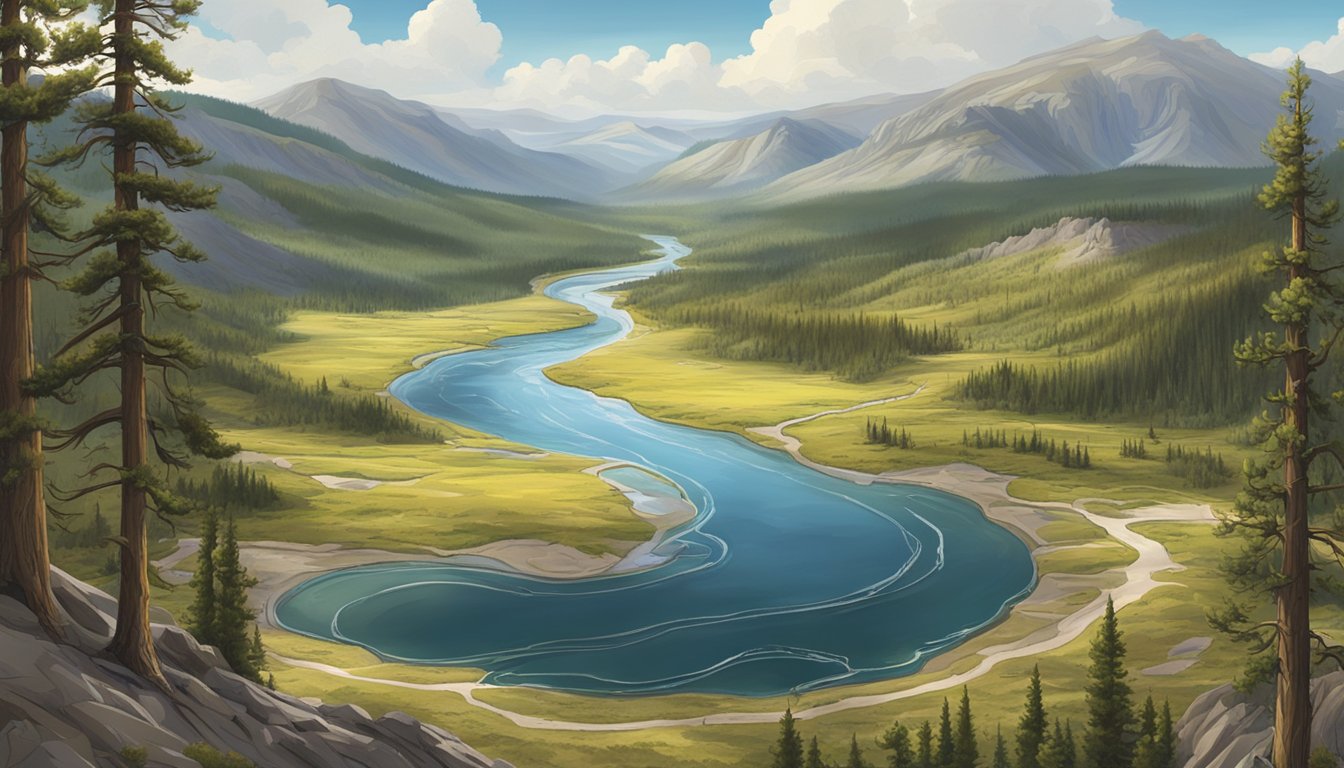 A sprawling landscape of Yellowstone National Park, with rugged mountains, lush forests, and winding rivers, capturing the essence of the series' character arcs and development