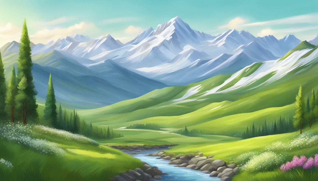 A serene landscape with snow-capped mountains and a lush green valley, transitioning from winter to spring