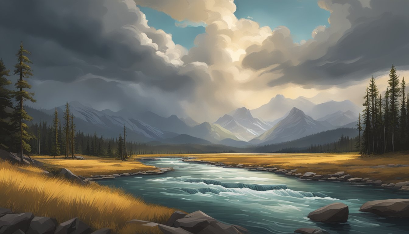 A dramatic landscape with a rugged mountain range, a flowing river, and a stormy sky, setting the scene for the uncertainty of the Yellowstone series' future