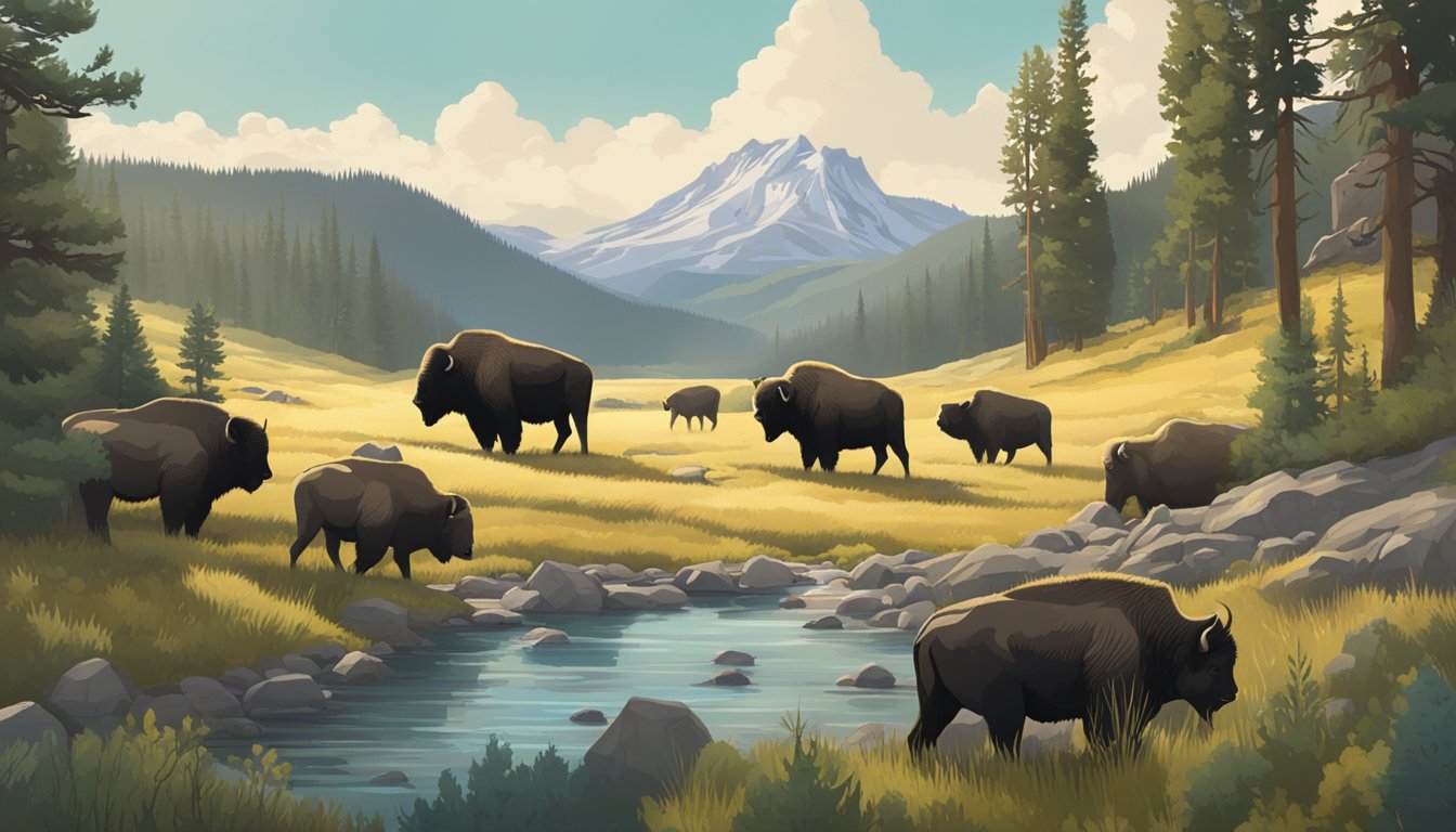 A group of wildlife in a lush, mountainous landscape, with a prominent Yellowstone sign in the background