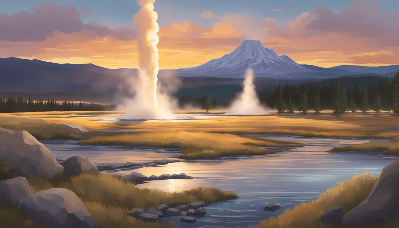 A serene sunset over the iconic Yellowstone landscape, with the famous geysers and mountains in the background, signaling the end of an era