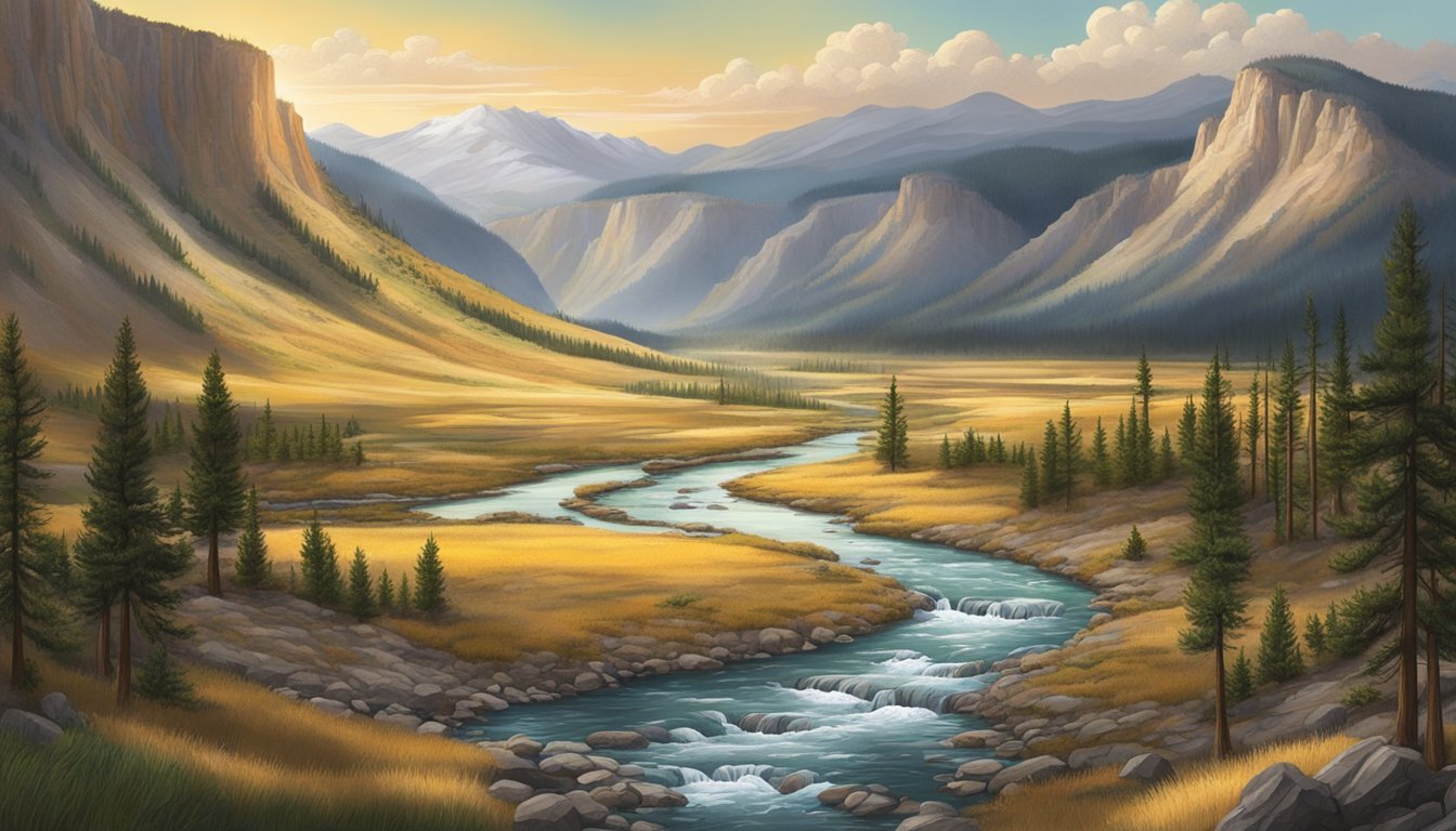 A dramatic landscape with a sprawling ranch, rugged mountains, and a winding river, evoking the wild and untamed setting of the Yellowstone series