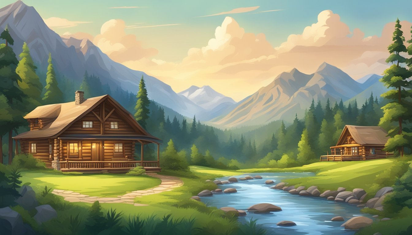 A picturesque mountain range with a winding river and lush greenery, surrounded by rustic log cabins and a sprawling ranch