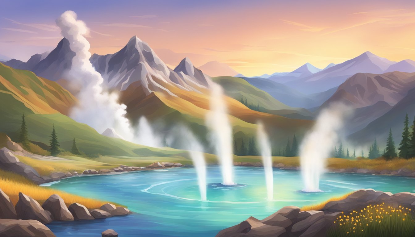 A majestic landscape with geysers, colorful hot springs, and rugged mountains in the background