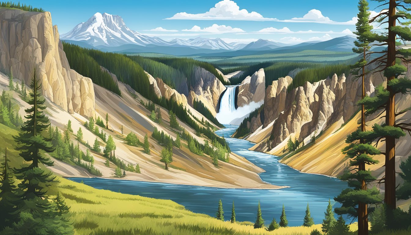 A picturesque landscape of Yellowstone National Park, with a flowing river, towering mountains, and lush greenery, under a clear blue sky