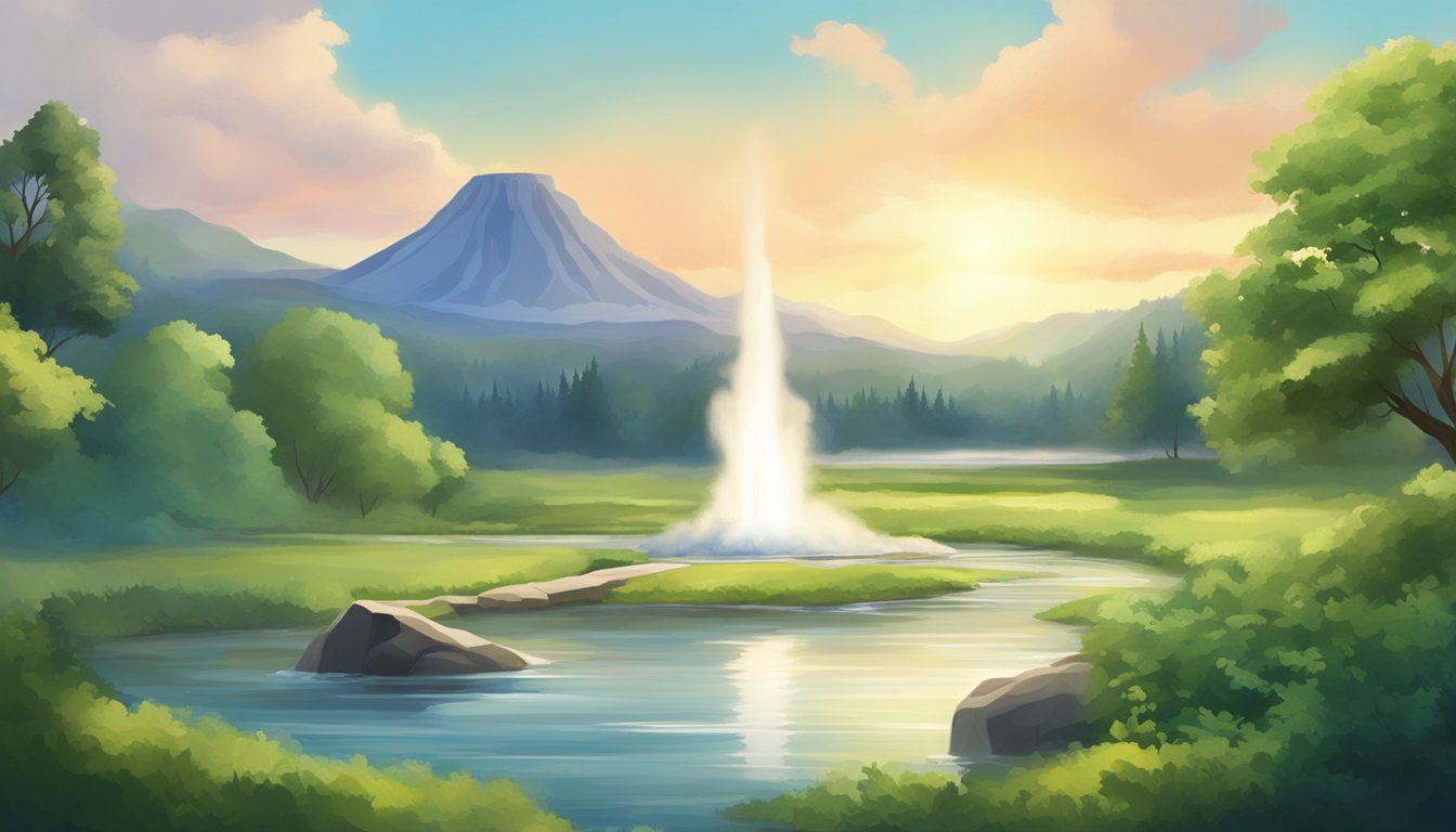 A serene landscape with a geyser erupting in the distance, surrounded by lush greenery and wildlife