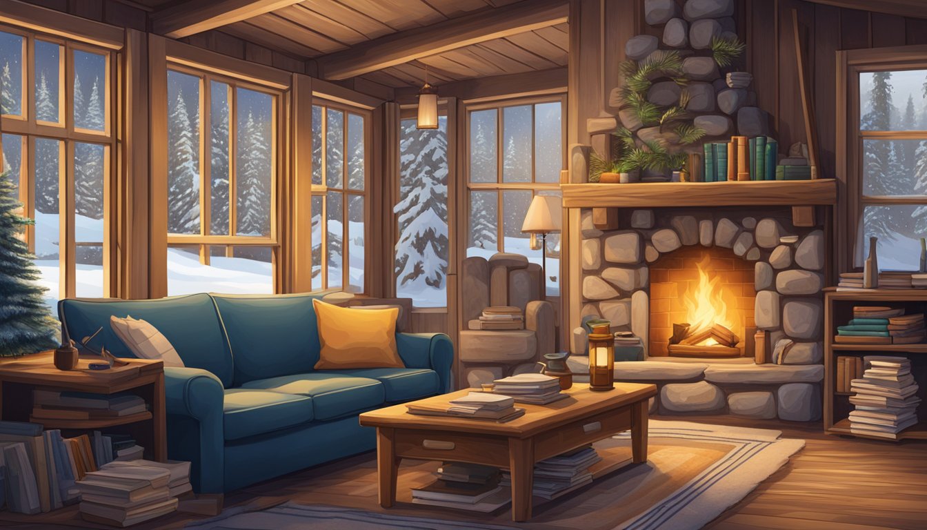 A cozy cabin nestled in a snowy forest, with a warm fire crackling in the fireplace and a bookshelf filled with novels about Yellowstone National Park