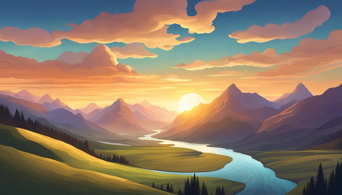 A dramatic landscape with a winding river, towering mountains, and a sunset sky