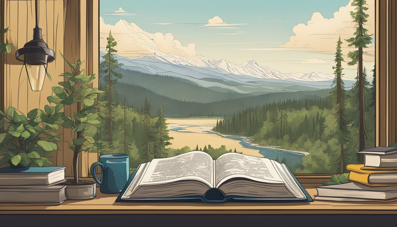 A book sits on a shelf surrounded by nature-themed decor, with a map of Yellowstone National Park in the background