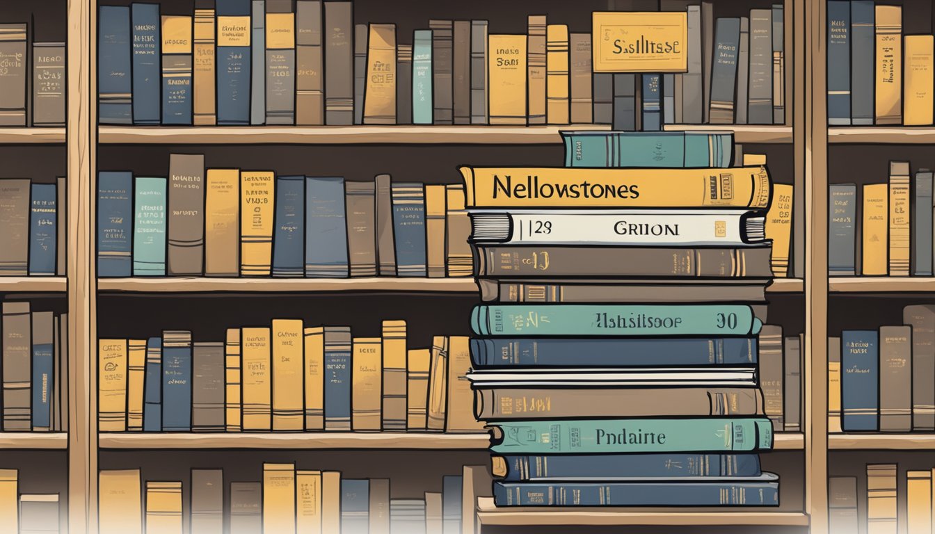 A stack of books labeled "Yellowstone Series" on a bookstore shelf, with price tags and a "New Arrival" sign nearby