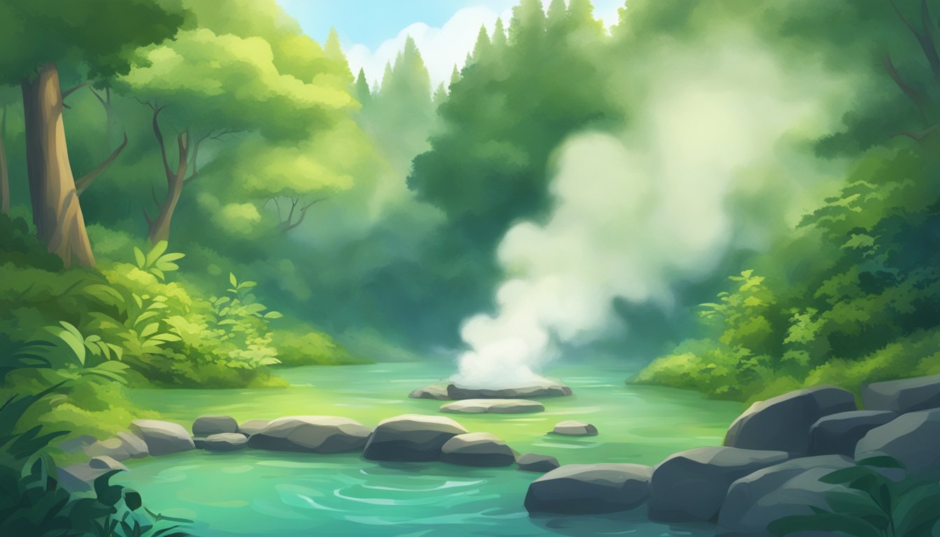 A serene, bubbling hot spring in the midst of a lush, green forest, with steam rising from the water and a sense of natural wonder