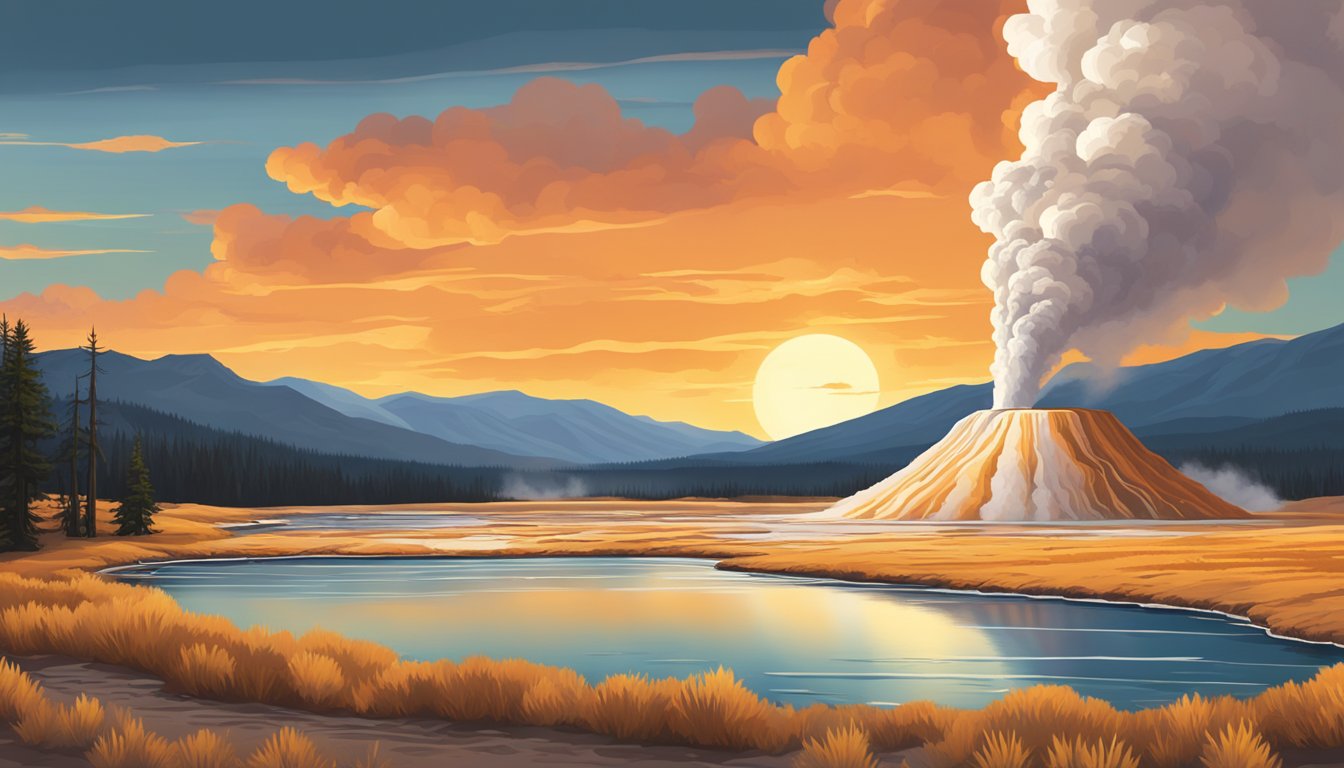 A dramatic landscape with a fiery sunset over the iconic geysers and mountains of Yellowstone National Park