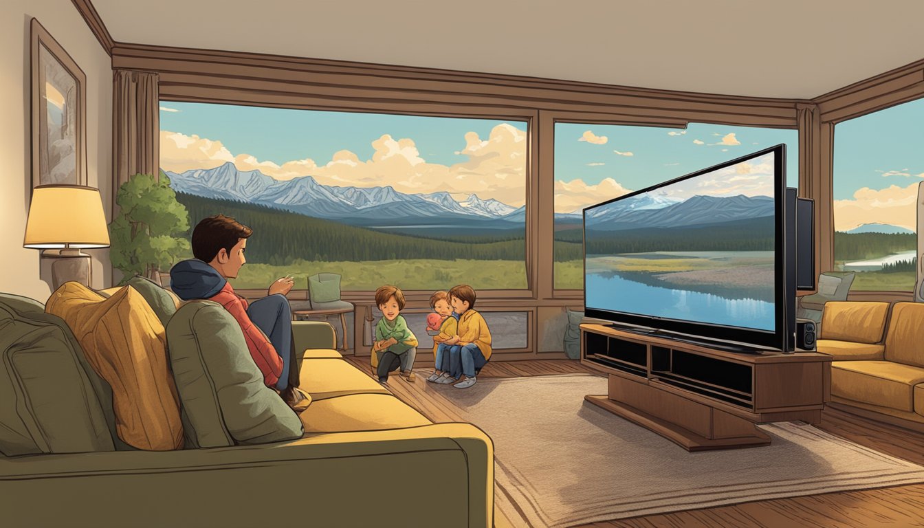 A family sitting on a couch watching television together, with a scenic view of Yellowstone National Park displayed on the screen