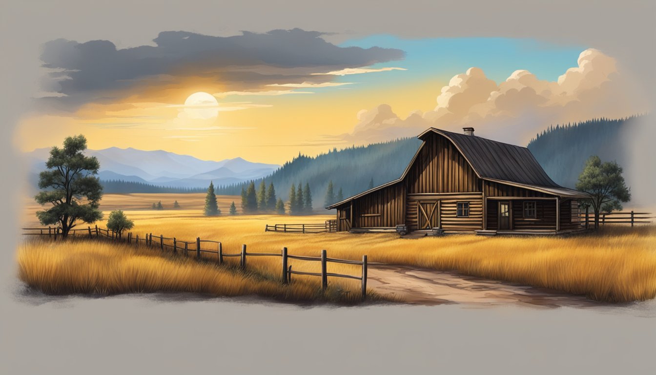 A dramatic landscape with a rustic ranch and sweeping vistas, evoking the setting of the Yellowstone series