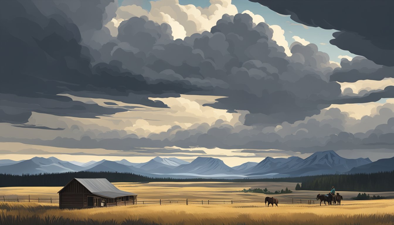 A dramatic landscape with a foreboding sky, featuring the iconic Yellowstone ranch and surrounding mountains