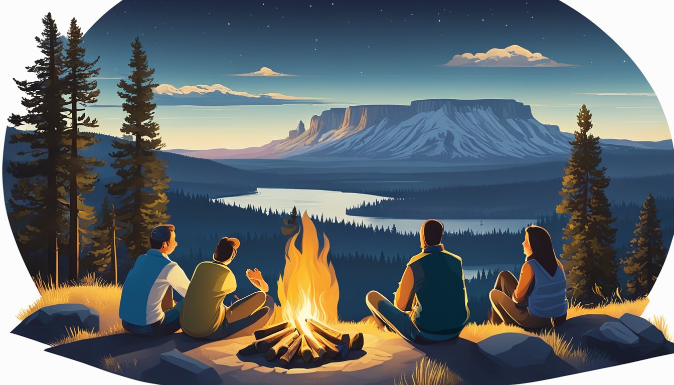 A family sitting around a campfire in the wilderness, with a backdrop of the iconic Yellowstone National Park landscape