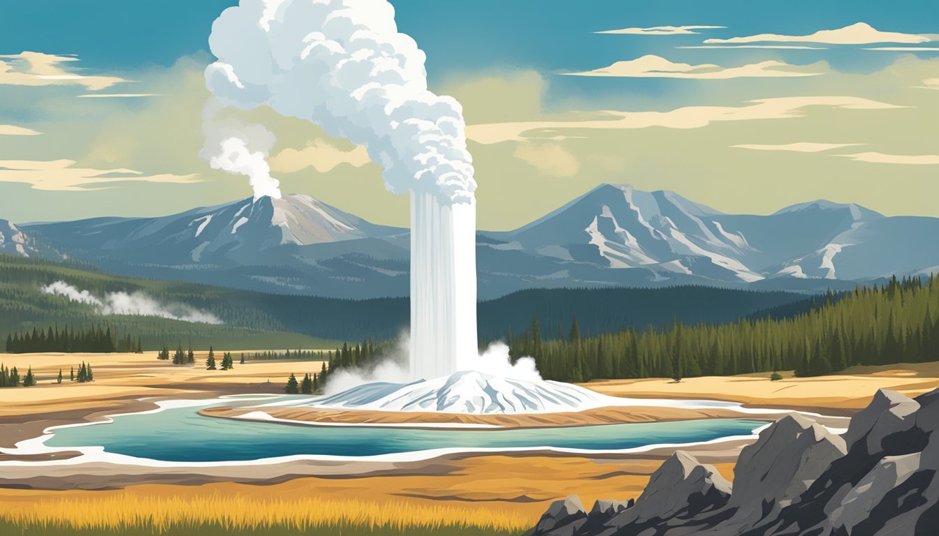 A dramatic landscape of Yellowstone National Park with iconic geysers erupting and rugged mountains in the background