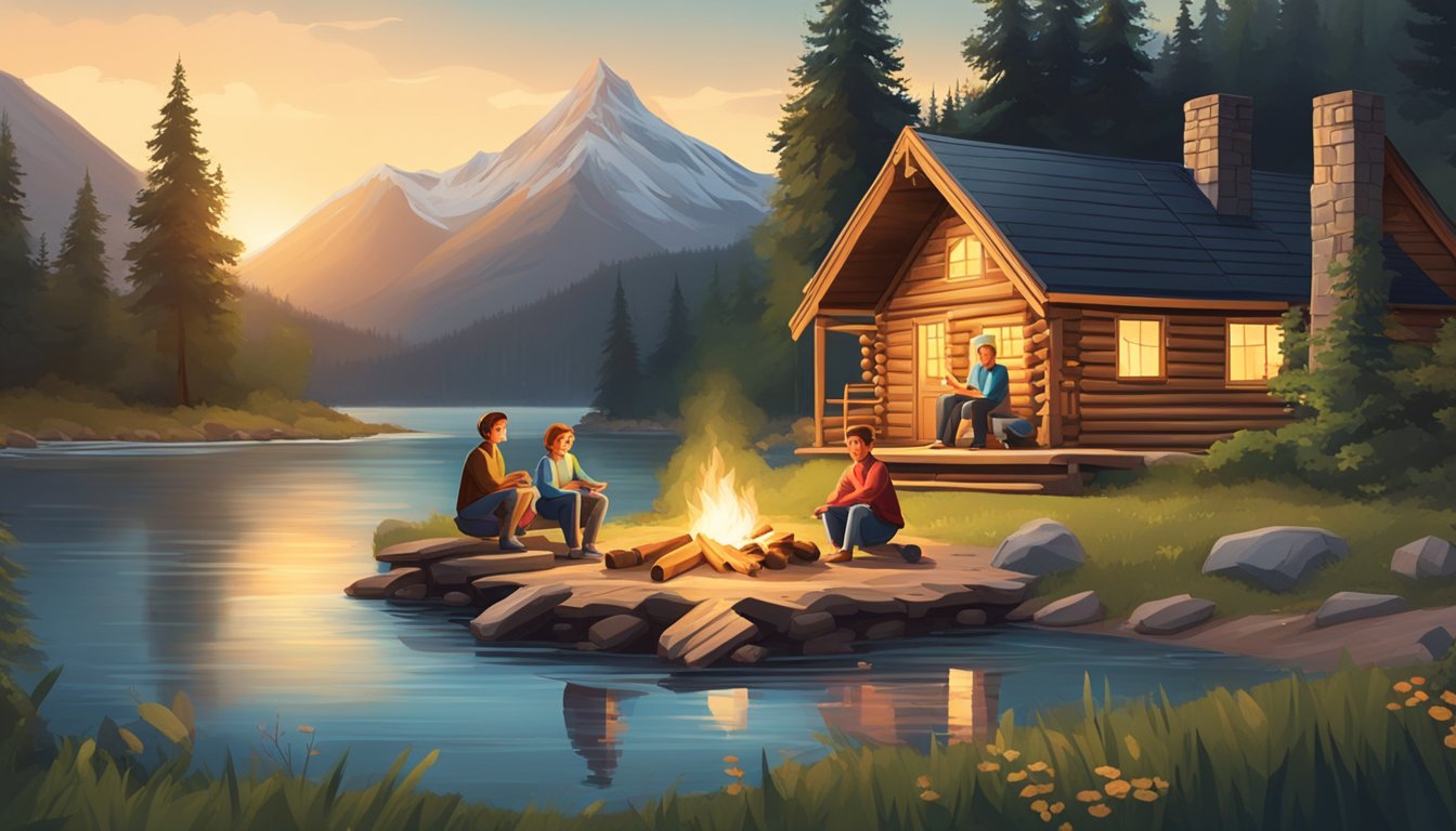 A family sitting around a campfire in front of a log cabin in the woods, with a river and mountains in the background