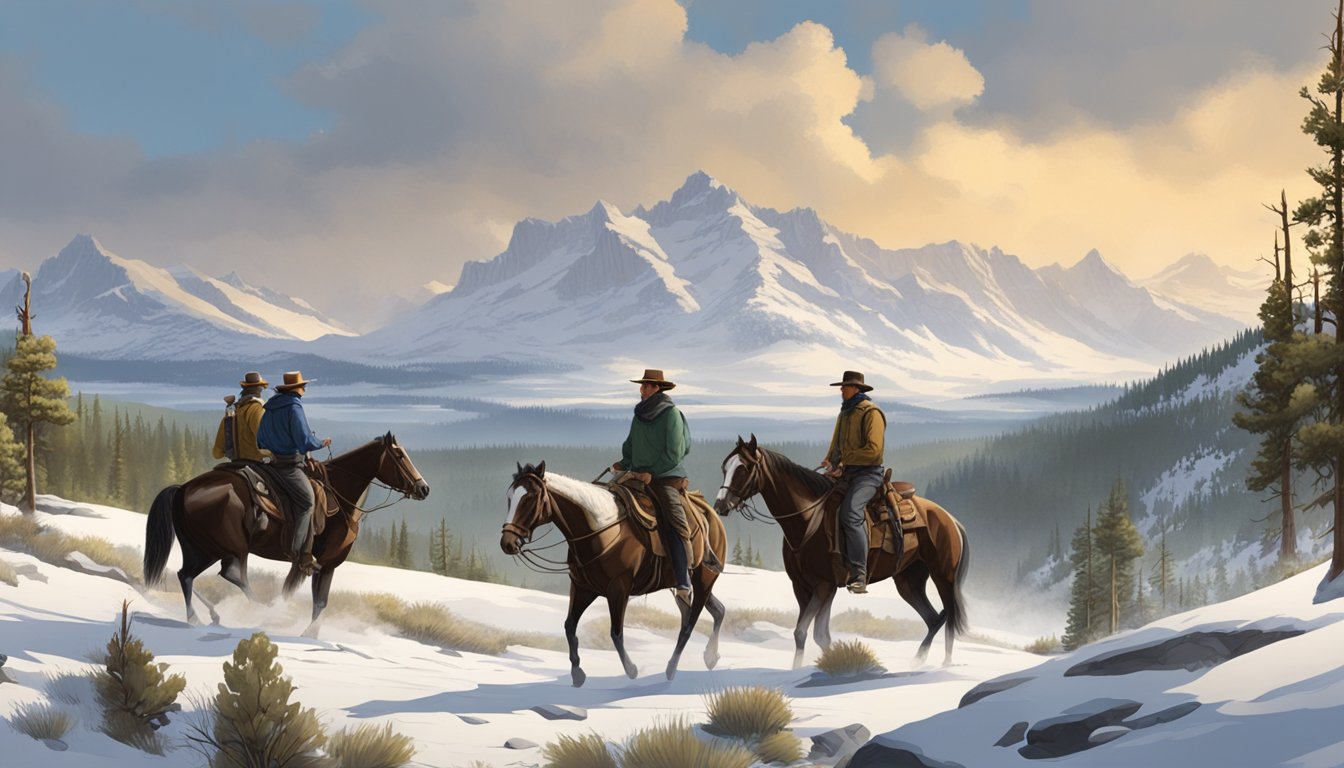 A group of settlers on horseback travel through the rugged terrain of the Yellowstone wilderness, with snow-capped mountains in the distance