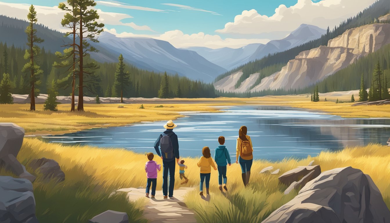 A scenic view of the Yellowstone National Park with a family enjoying the natural beauty and wildlife