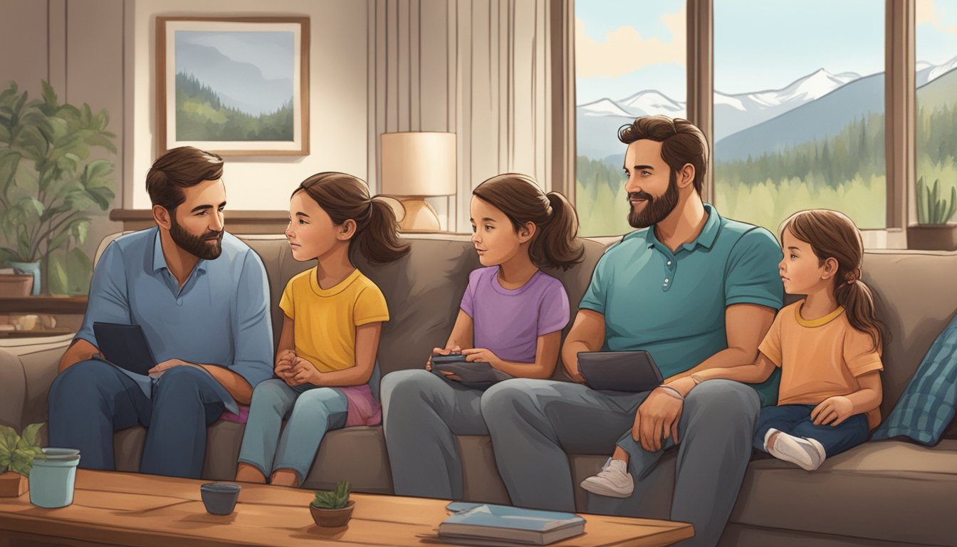 A family watching TV together, with parents and children sitting on a couch, engrossed in the Yellowstone series