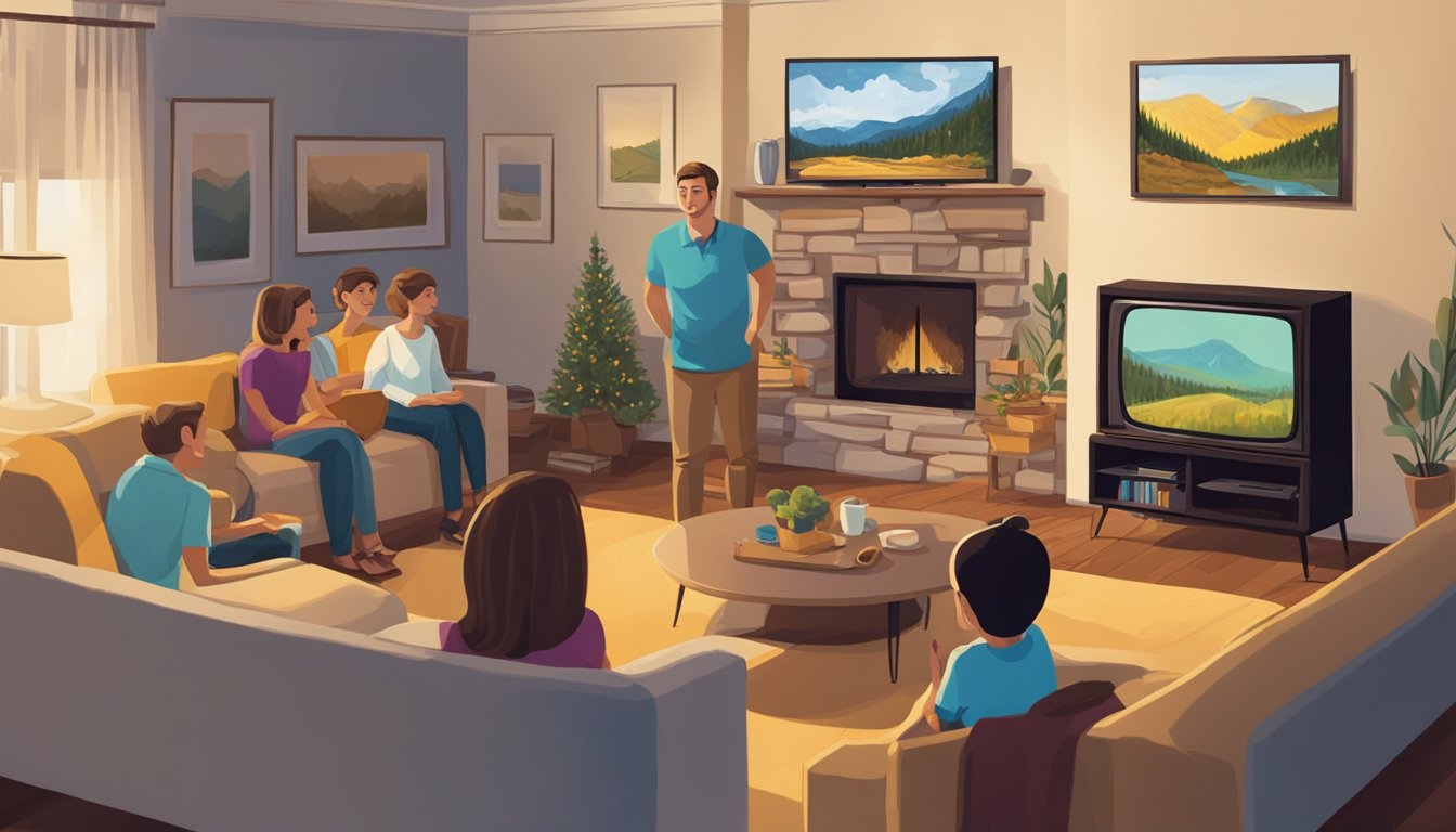 A family gathered around a television, watching the Yellowstone series together with expressions of interest and enjoyment