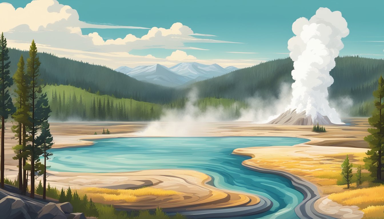 A picturesque landscape of Yellowstone National Park with iconic geysers and colorful hot springs, surrounded by lush forests and majestic mountains