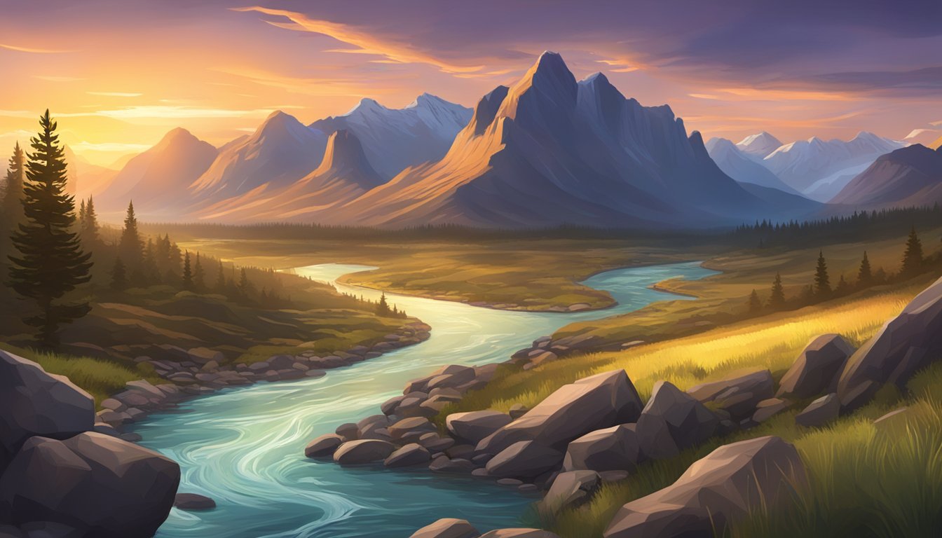 A rugged landscape with a winding river, towering mountains, and a dramatic sunset in the background