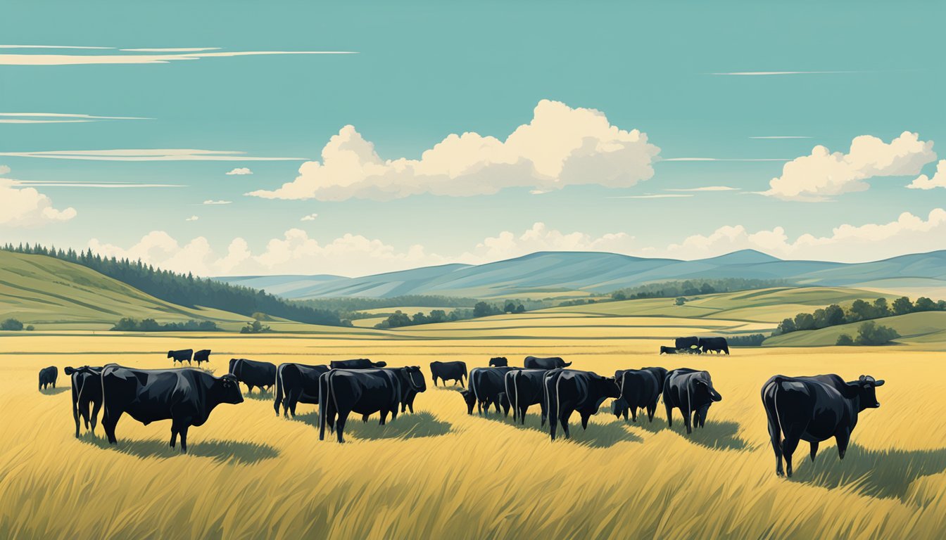 A herd of Angus cattle grazing in a vast, open field with rolling hills and a clear blue sky in the background