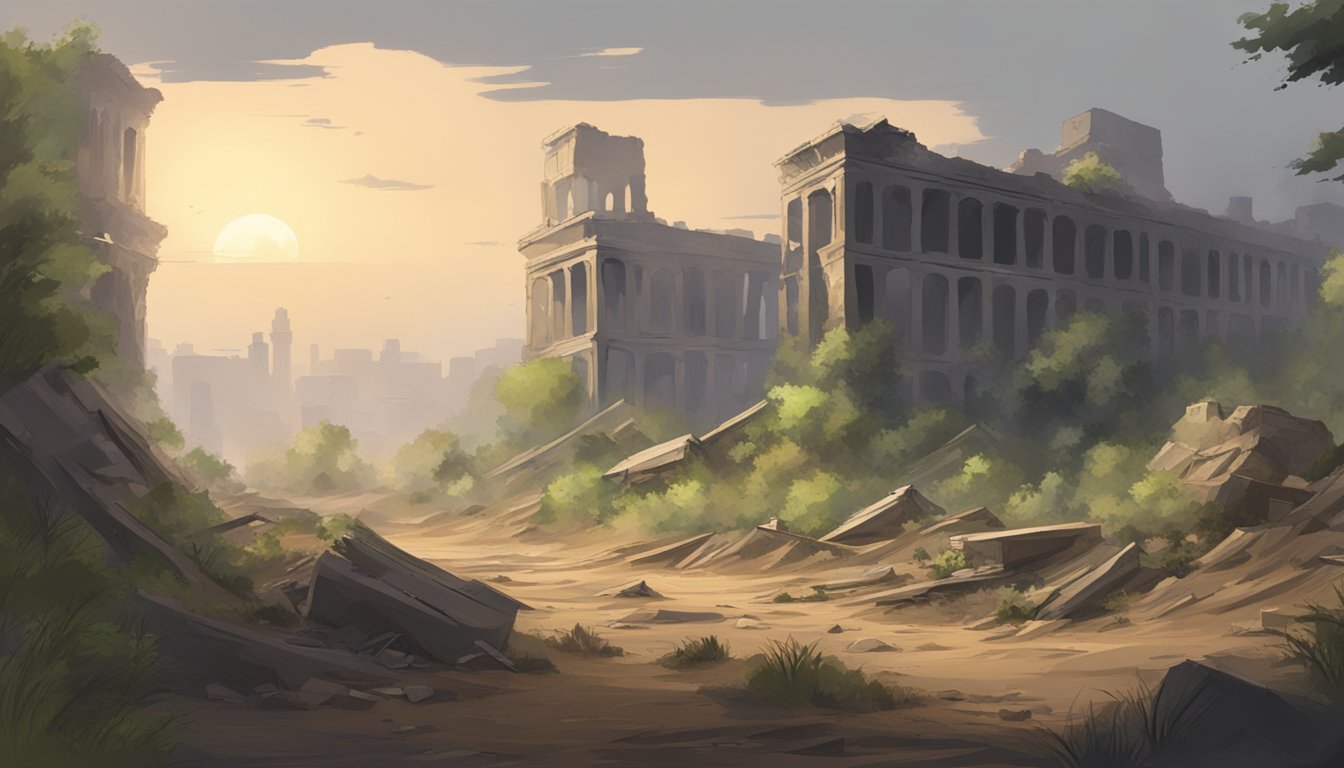 A desolate landscape with overgrown ruins of buildings and a smoky, ash-filled sky