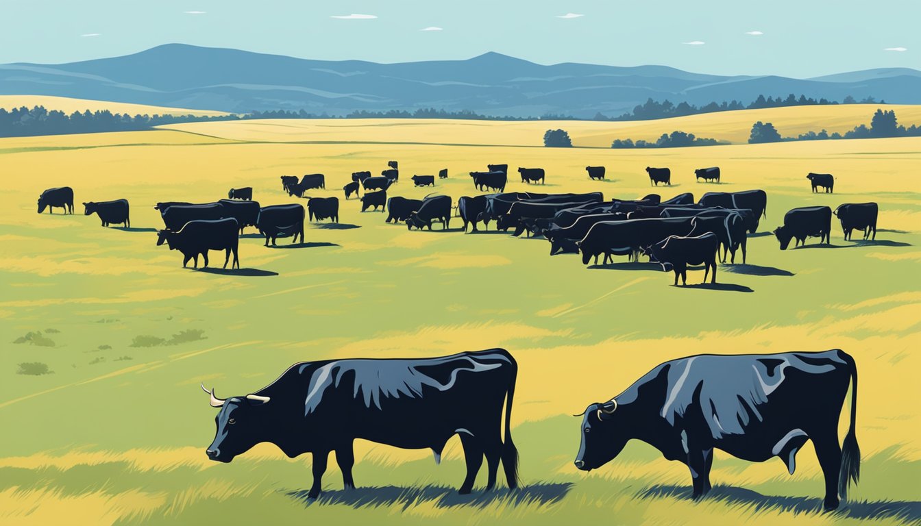 A herd of Angus cattle grazes in a vast open field under a clear blue sky