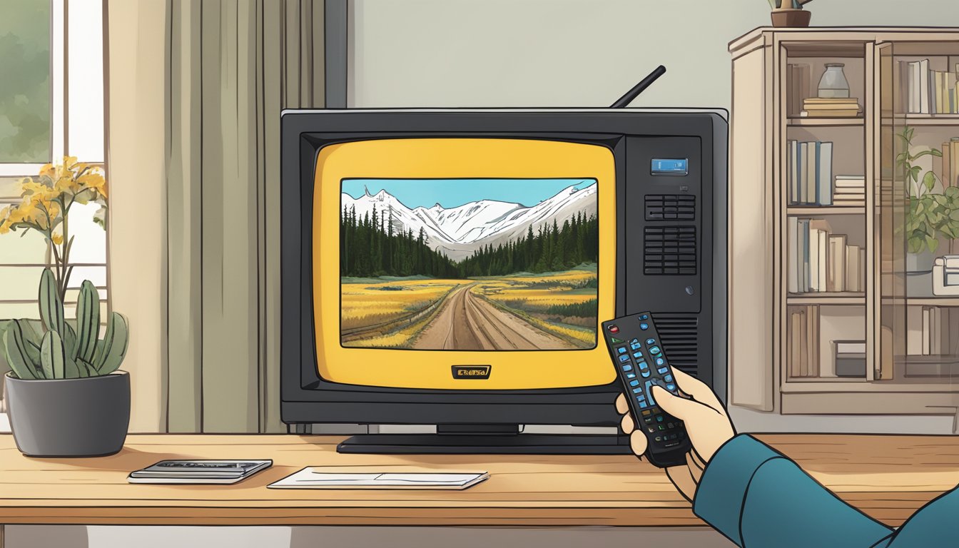 A remote control points to a TV screen displaying the Yellowstone series 1