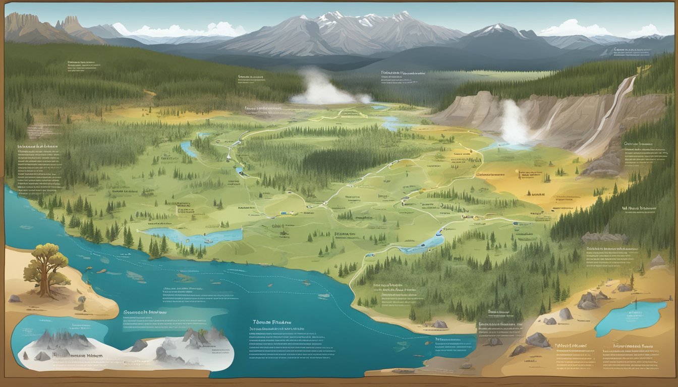 A map of Yellowstone National Park with a timeline showing key events and landmarks