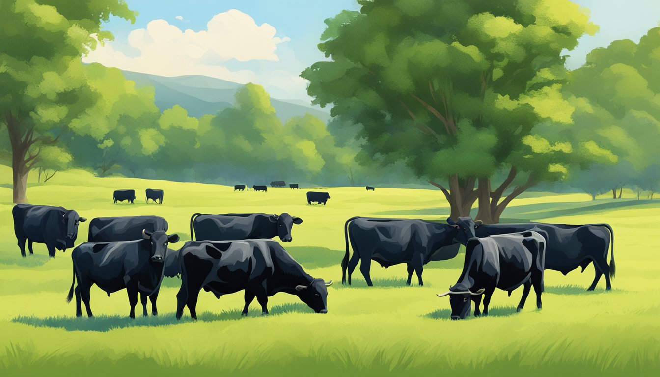 A herd of Angus cattle grazing in a lush green pasture