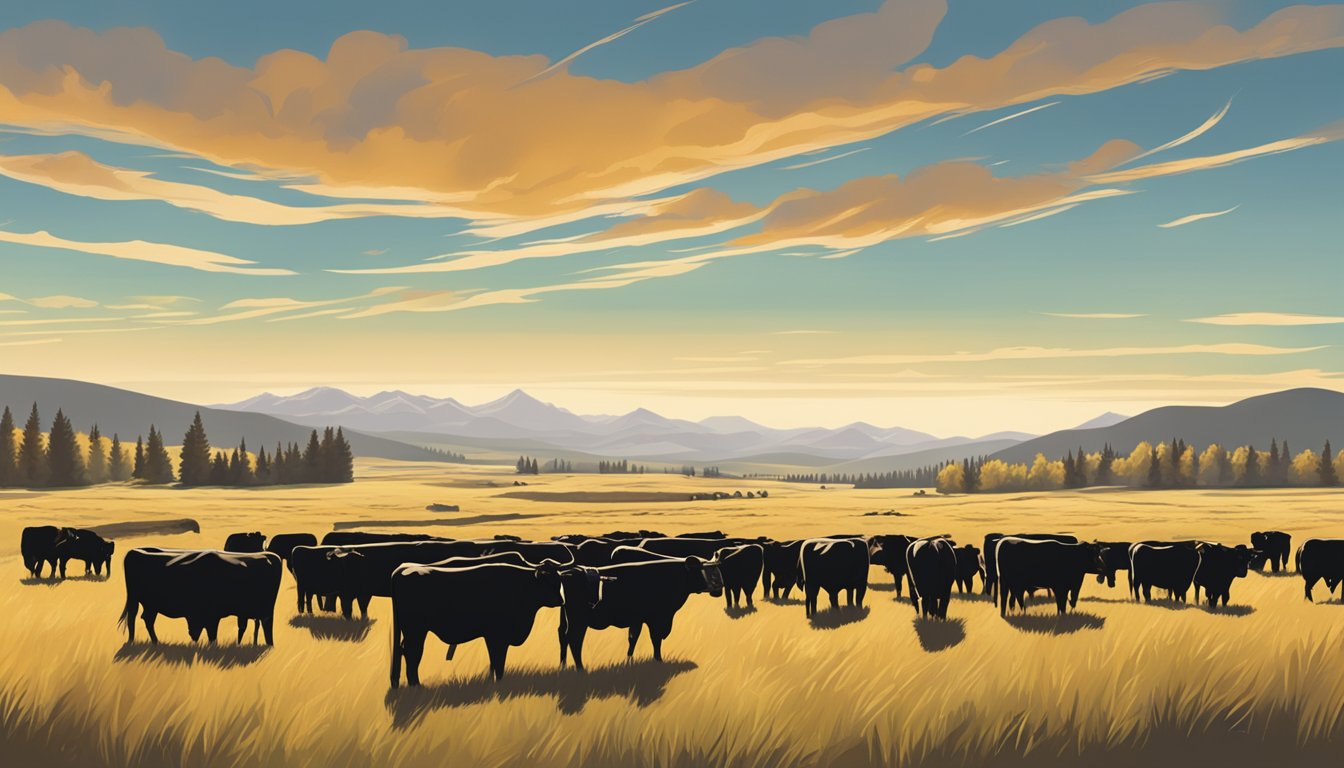 A herd of Angus cattle grazing in a vast, open pasture under the big Montana sky