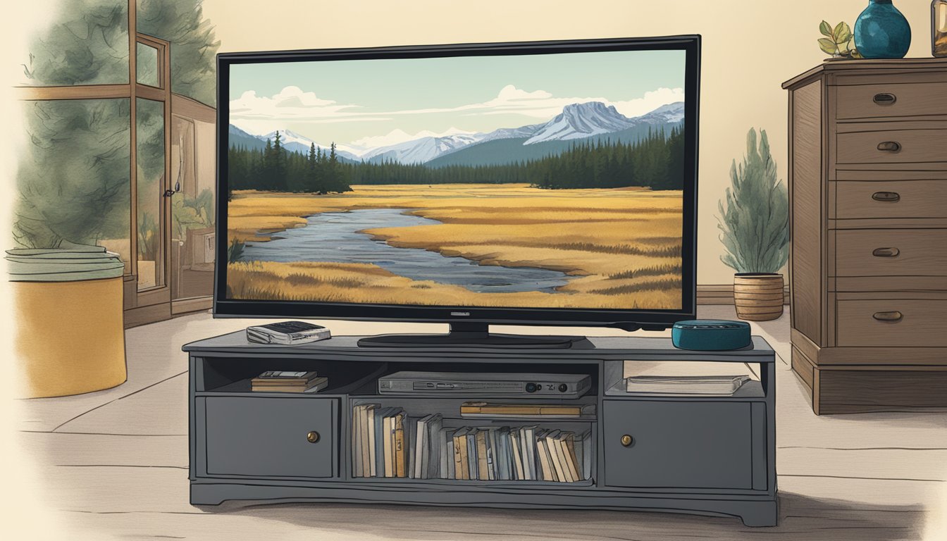 A remote control points to a TV screen showing the first season of Yellowstone