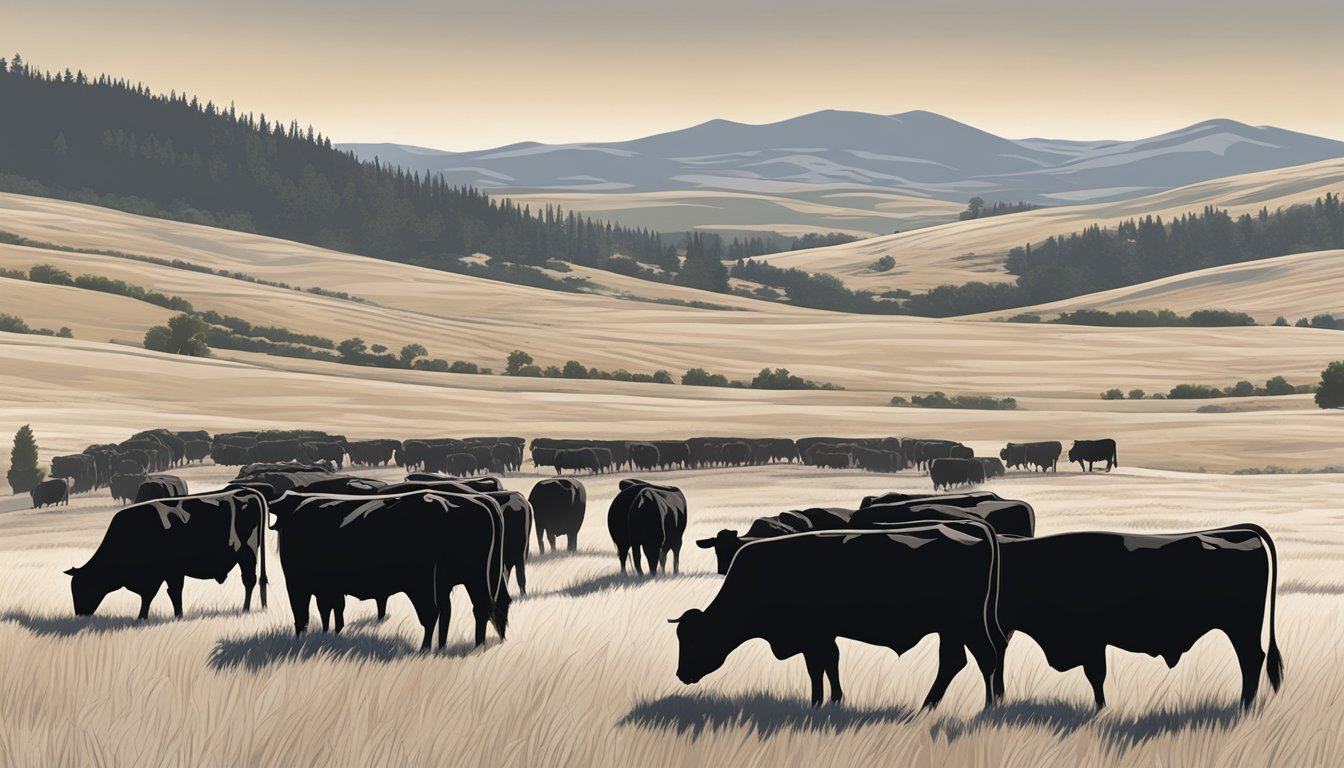 A herd of Angus cattle grazing in a vast, rolling pasture at Dutton Ranch, under the bright Montana sun