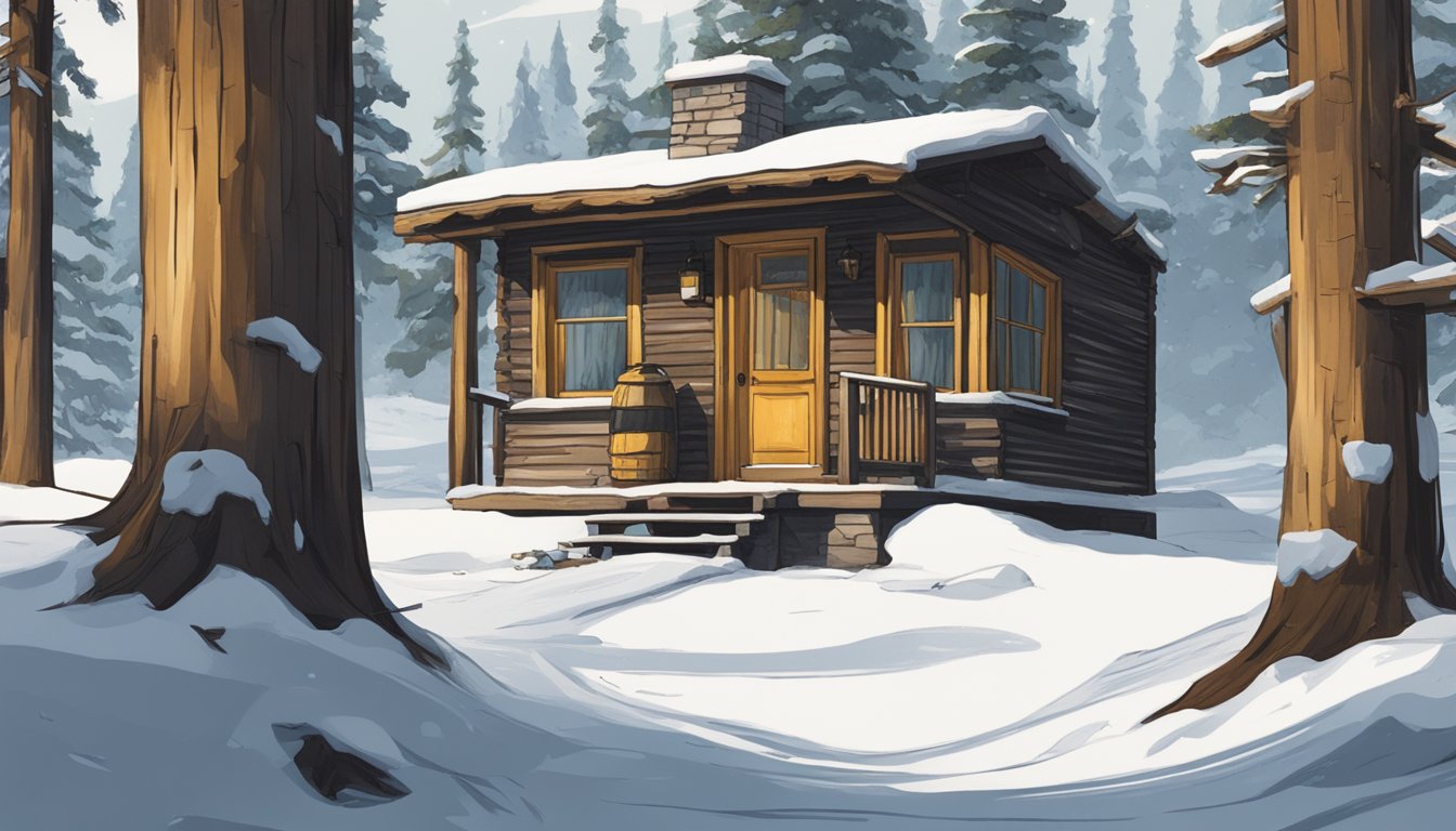 A remote cabin in a snowy forest, with a rustic sign reading "Yellowstone Series 1" hanging on the door