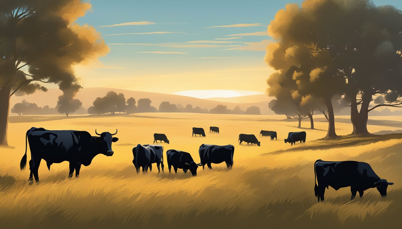 A herd of Black Angus cattle grazes in a vast, open field under the warm glow of the sun