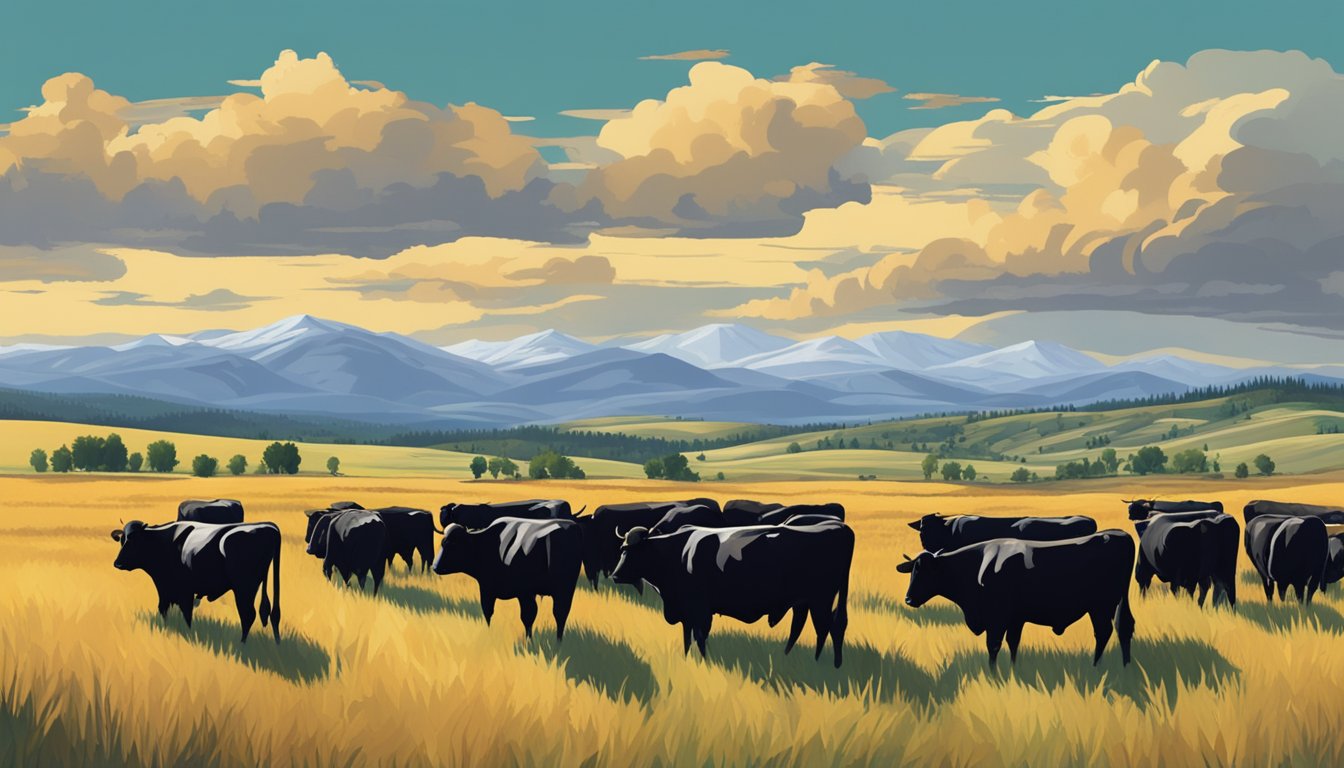 A herd of Angus cattle grazes in a picturesque Montana landscape, with rolling hills and a dramatic sky in the background