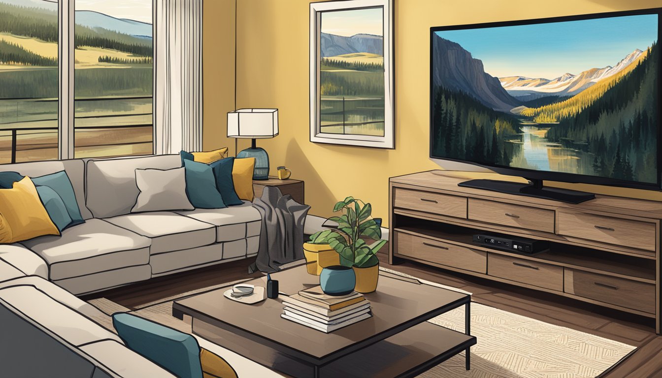 A remote control sits on a coffee table, pointing towards a flat-screen TV displaying the Yellowstone series 1