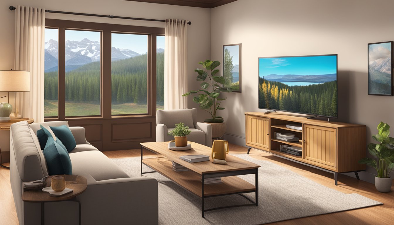 A cozy living room with a TV displaying the Yellowstone series on demand