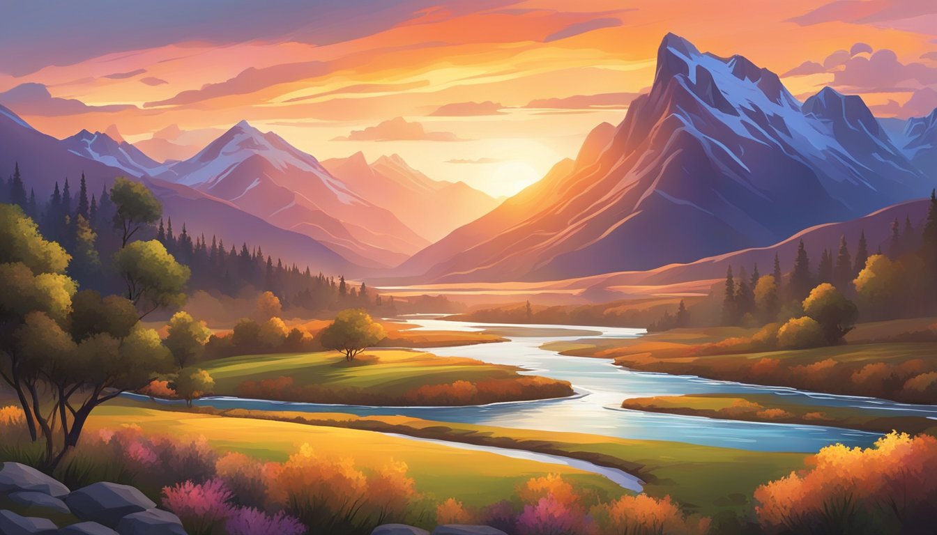 A dramatic landscape with a sprawling ranch, mountains, and a river, set against a vivid sunset