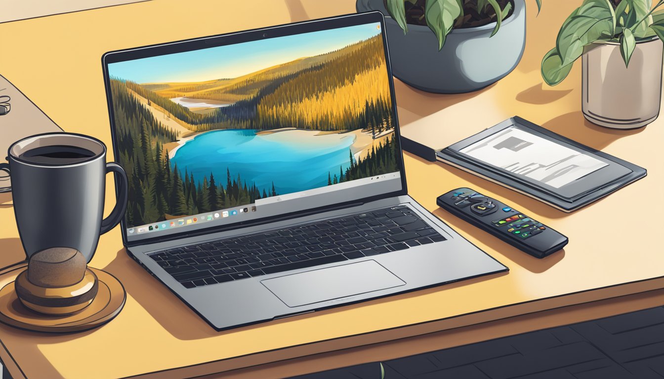 A laptop on a coffee table with the Yellowstone series displayed on the screen, while a remote control sits nearby